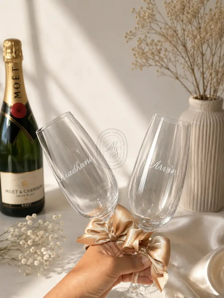 Personalised Engraved Champagne Glasses | Custom Hand Engraved Crystal Flutes - Marigold By Sadhika