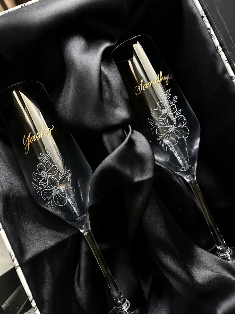 Personalised Engraved Champagne Glasses | Custom Hand Engraved Crystal Flutes - Marigold By Sadhika