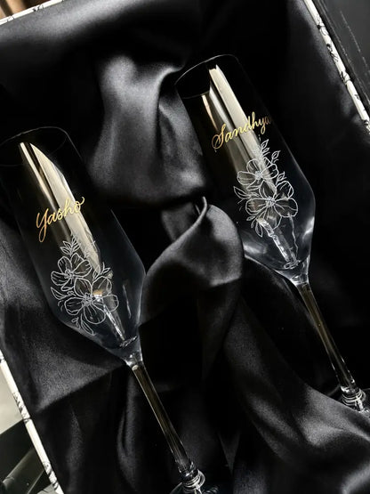 Personalised Engraved Champagne Glasses | Custom Hand Engraved Crystal Flutes - Marigold By Sadhika