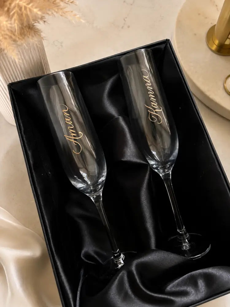 Personalised Engraved Champagne Glasses | Custom Hand Engraved Crystal Flutes - Marigold By Sadhika