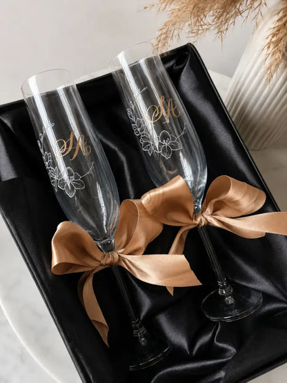 Personalised Engraved Champagne Glasses | Custom Hand Engraved Crystal Flutes - Marigold By Sadhika