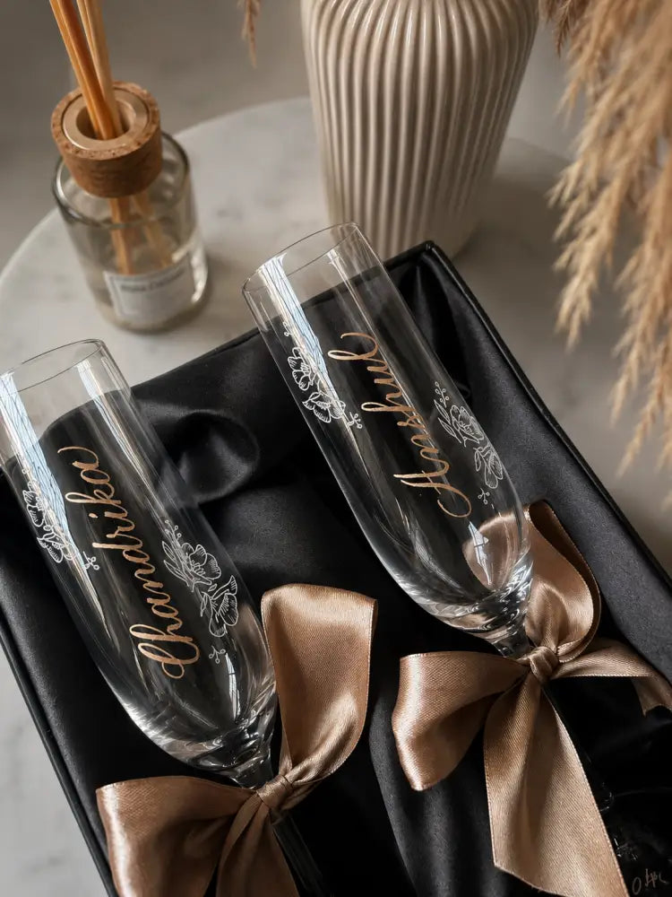 Personalised Engraved Champagne Glasses | Custom Hand Engraved Crystal Flutes - Marigold By Sadhika