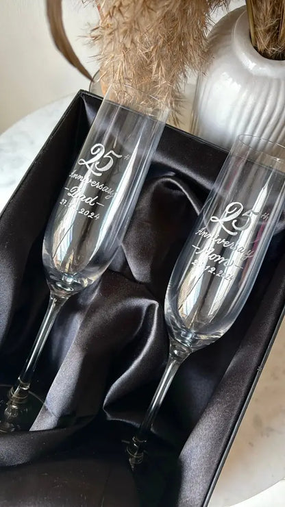Personalised Engraved Champagne Glasses | Custom Hand Engraved Crystal Flutes - Marigold By Sadhika