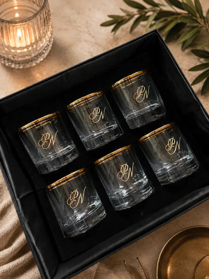 Personalised Engraved Whiskey Glasses - Gold / Set of 6 Gold-Rimmed Premium